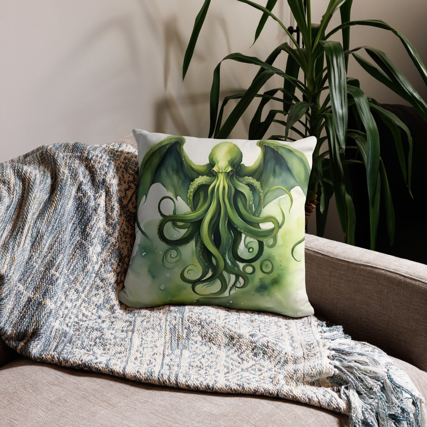 Funda de almohada con pintura de acuarela de Cthulhu