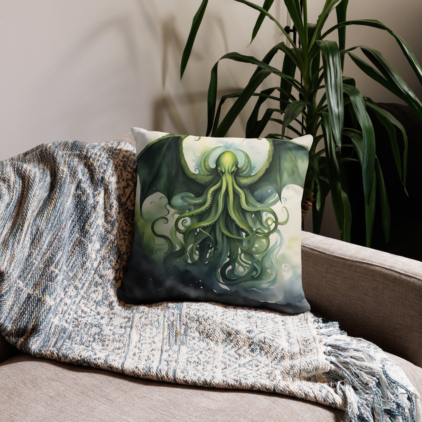 Funda de almohada con pintura de acuarela de Cthulhu