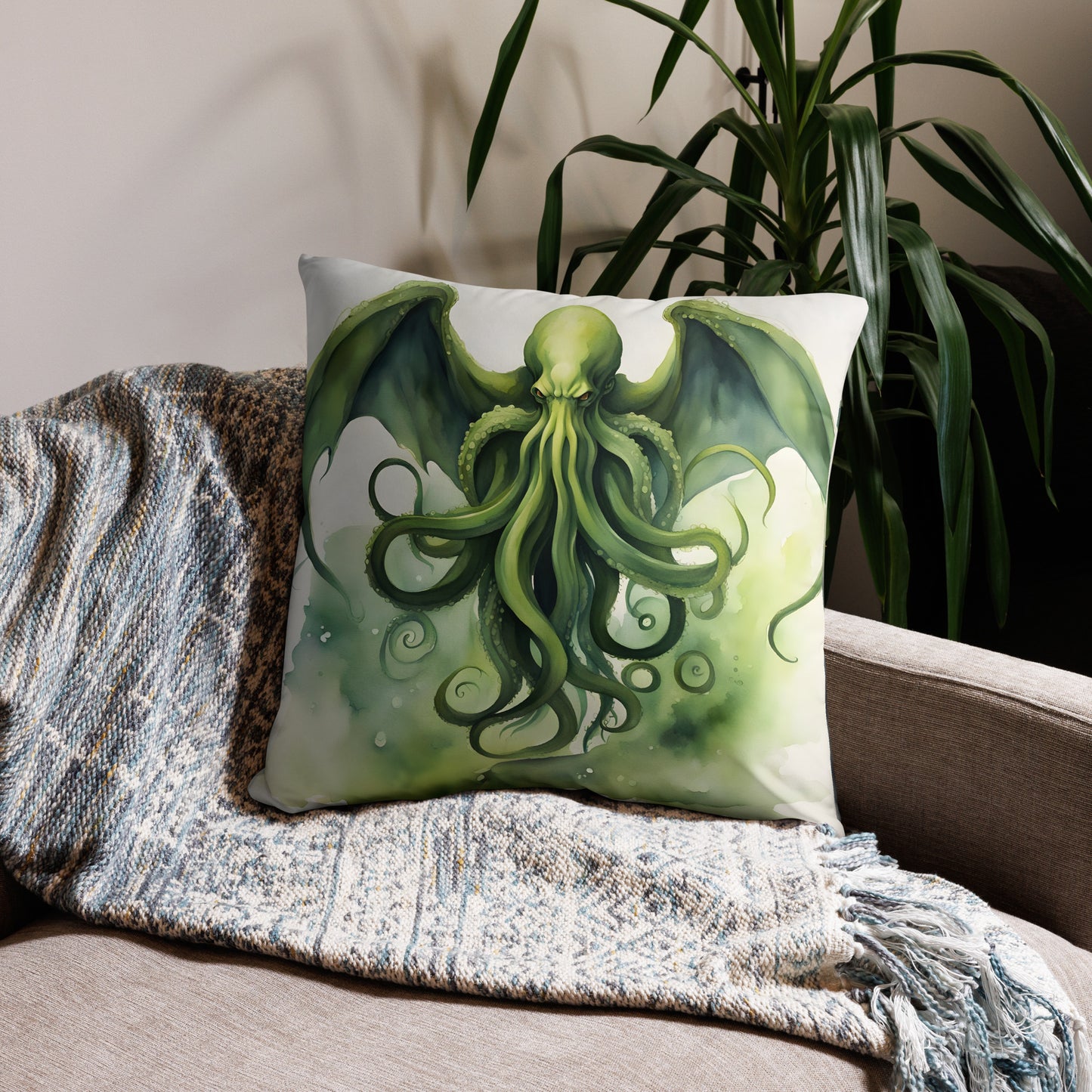 Funda de almohada con pintura de acuarela de Cthulhu