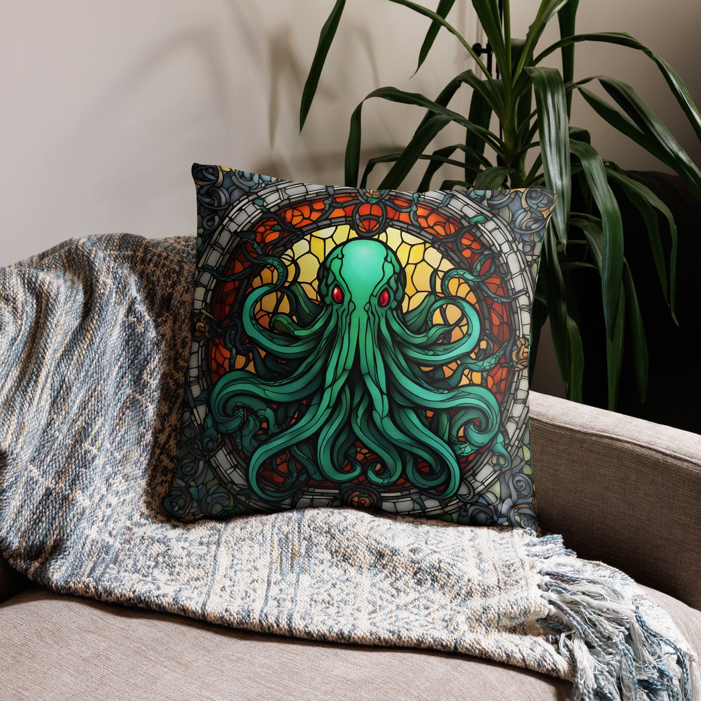 Funda de almohada de vidrieras de Cthulhu