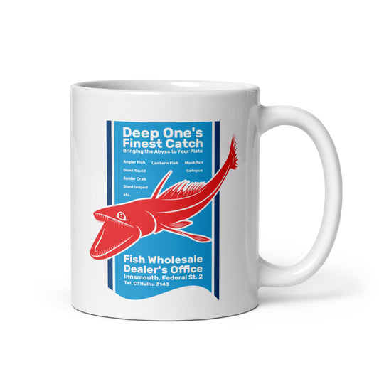 Deep One's Finest Catch Innsmouth Fish Wholesaler Tasse blanche brillante