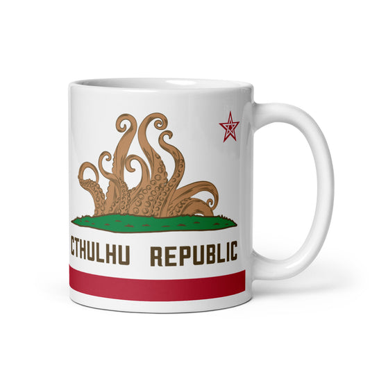 República de Cthulhu Bandera de California Lovecraft Taza blanca brillante